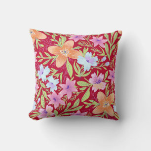 Colourful springtime flower pattern, raspberry pin throw pillow