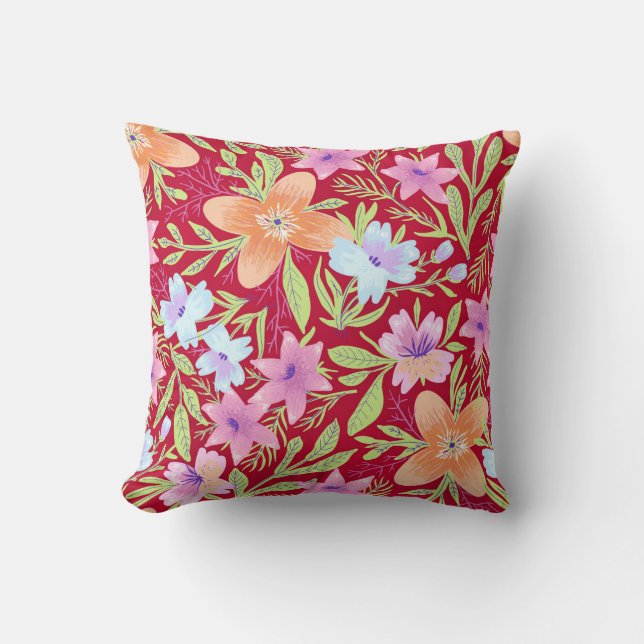 Colourful springtime flower pattern, raspberry pin throw pillow (Front)