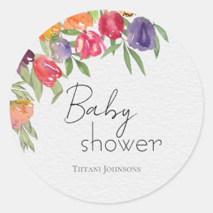 Colourful Springtime Tulips-themed Baby Shower Classic Round Sticker