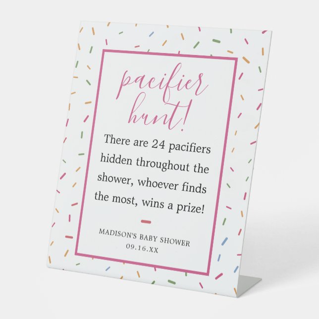 Colourful Sprinkles Baby Shower Pacifier Hunt Game Pedestal Sign (Front)
