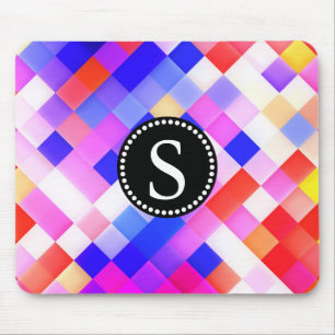 Colourful Square Geometric Pattern Black Monogram Mouse Pad