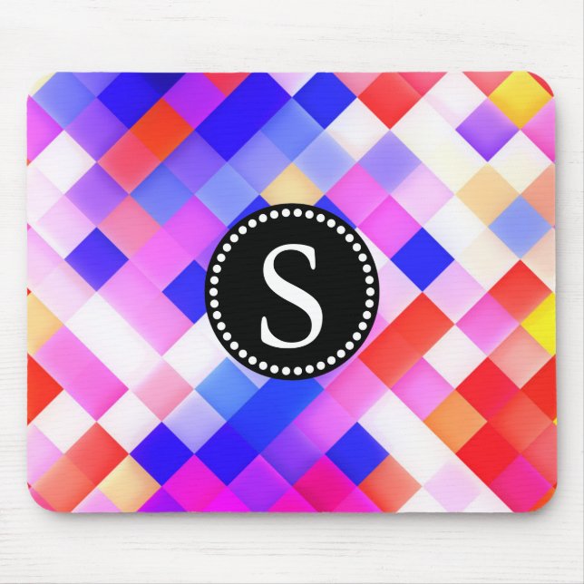 Colourful Square Geometric Pattern Black Monogram Mouse Pad (Front)