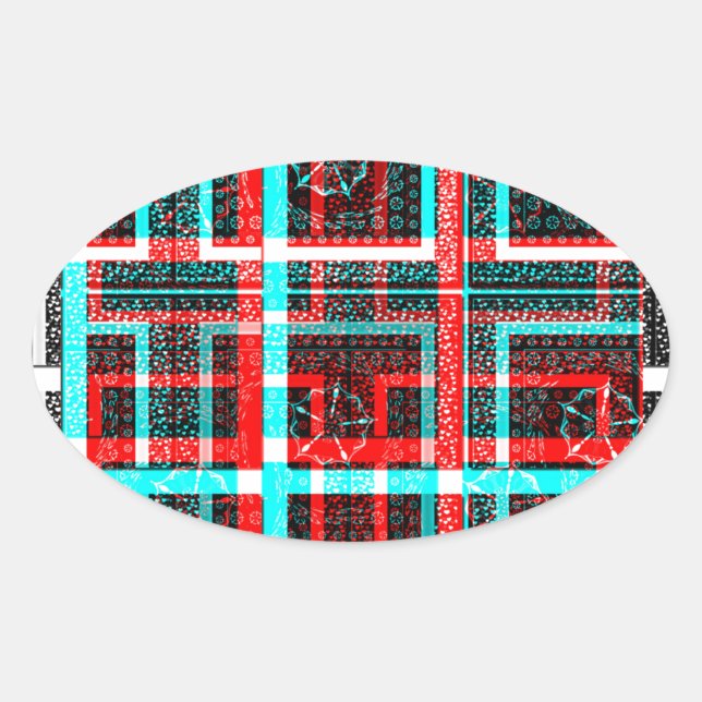 Colourful Square Maze  geometrical chequered patte Oval Sticker (Front)