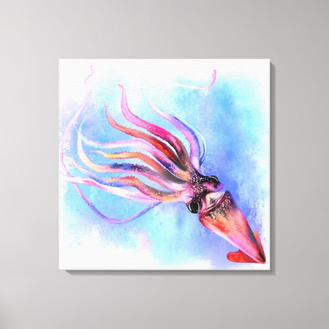 Colourful Squid Swimming Canvas Print - Painting (Front)
