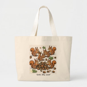 "Colourful Squirrel Acorn Hunt" Large Tote Bag