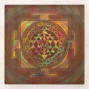 Colourful Sri Yantra / Sri Chakra Glass Coaster
