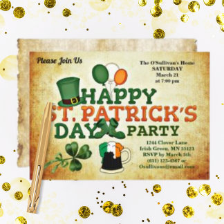 Colourful St Patrick's Day Party Vintage Parchment Invitation