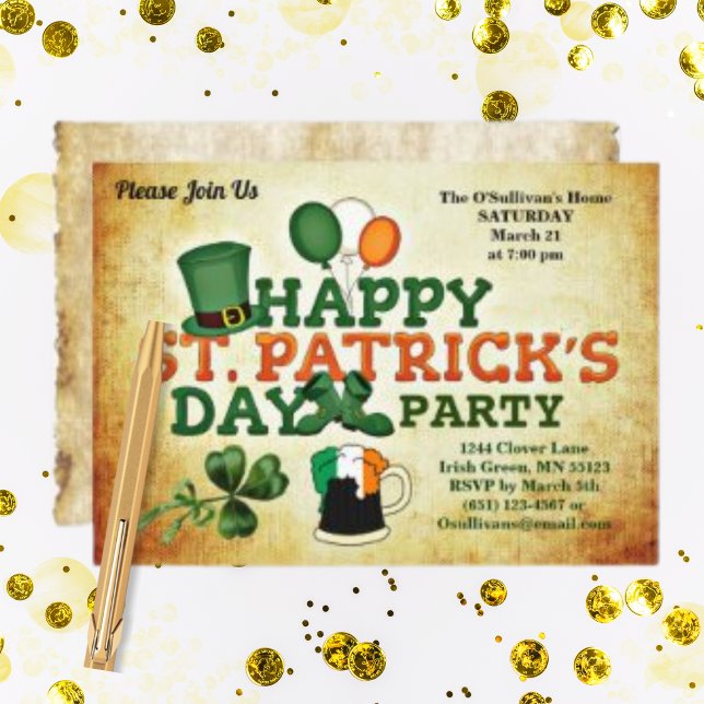 Colourful St Patrick's Day Party Vintage Parchment Invitation (Creator Uploaded)