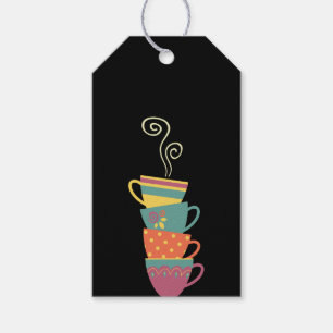Colourful stacked mugs, retro coffee cup steam gift tags