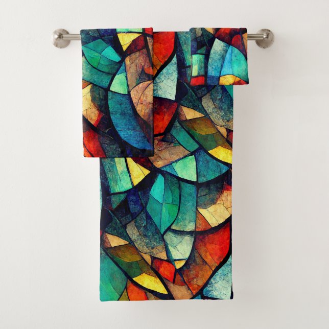 Colourful Stained Glass Abstraction Bath Towel Set (Insitu)