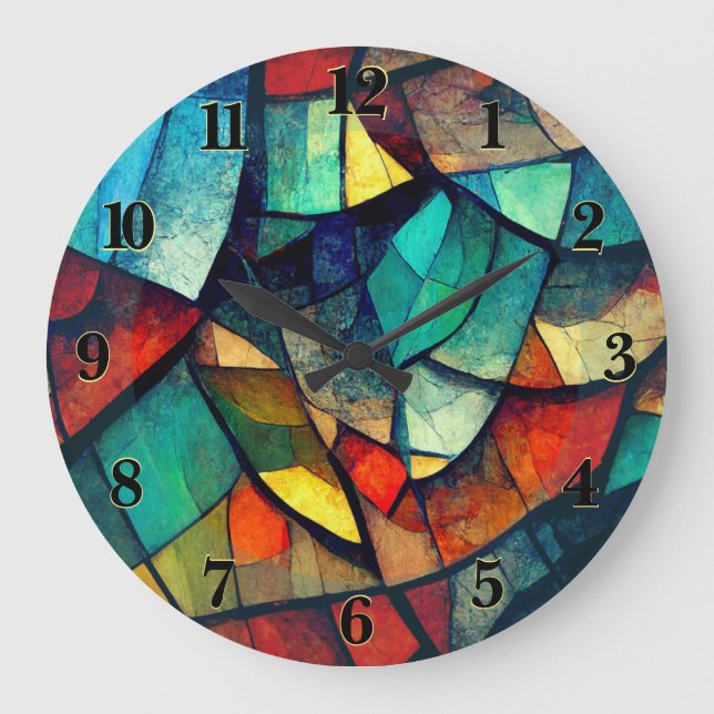 Colourful Stained Glass Abstraction Large Clock (Front)