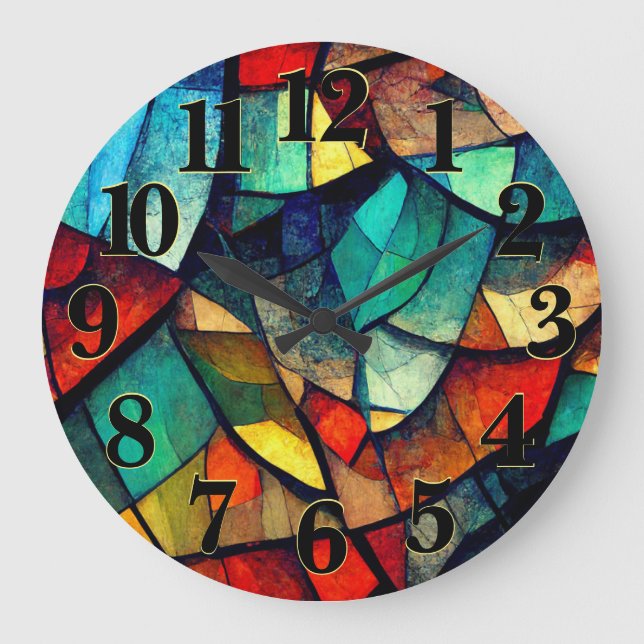 Colourful Stained Glass Abstraction Large Clock (Front)
