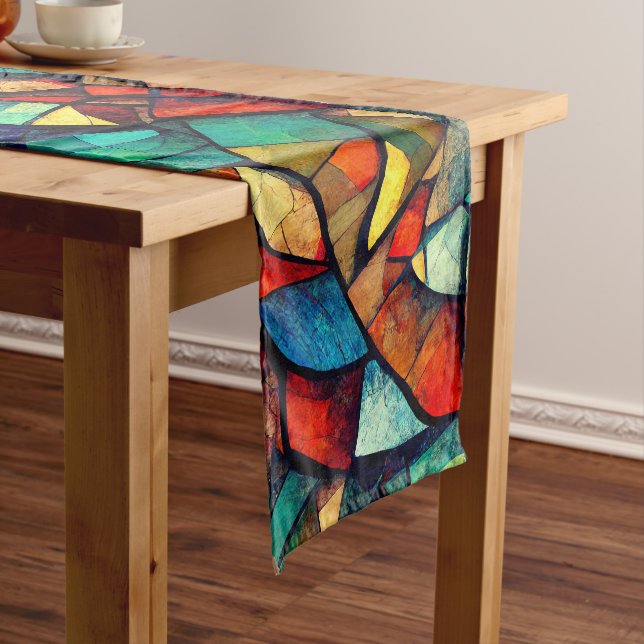 Colourful Stained Glass Abstraction Short Table Runner (In Situ)