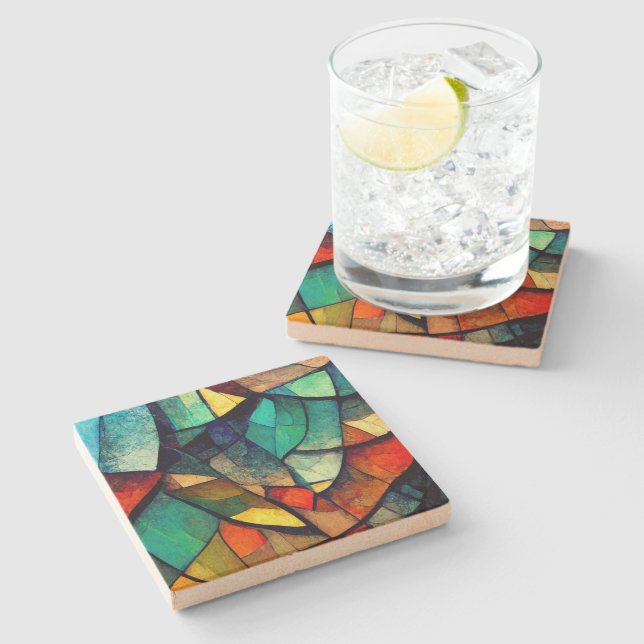 Colourful Stained Glass Abstraction Stone Coaster (Side)