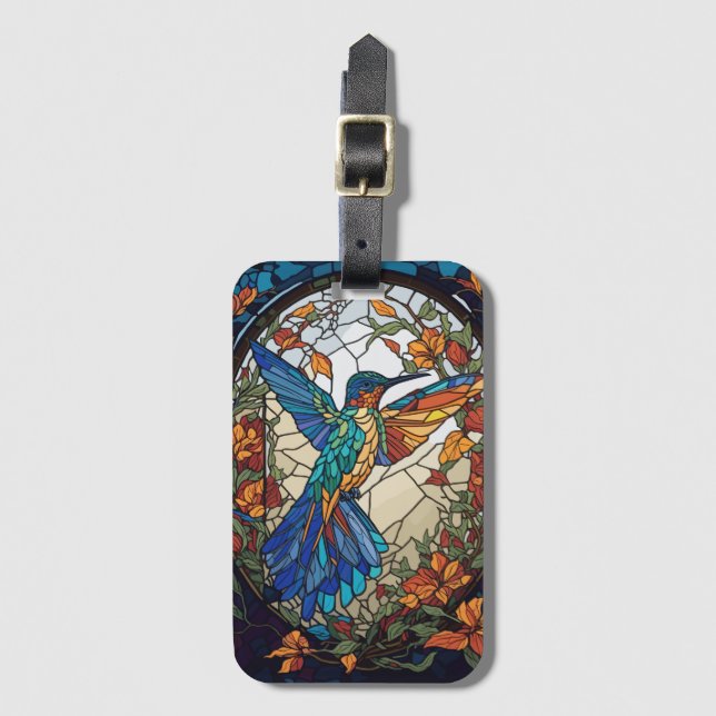 Colourful Stained Glass Artistic Hummingbird Luggage Tag (Front Vertical)