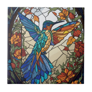Colourful Stained Glass Artistic Hummingbird Tile