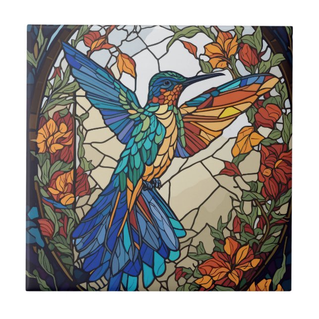 Colourful Stained Glass Artistic Hummingbird Tile (Front)