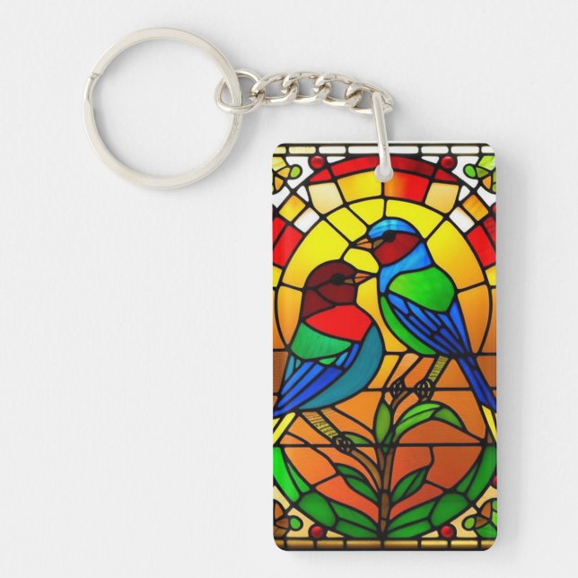 Colourful Stained Glass Artwork with Birds Keychain (Front)
