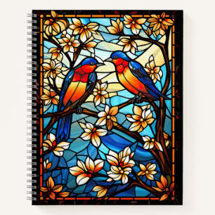 Colourful Stained Glass Birds on Flowering Branche Notebook