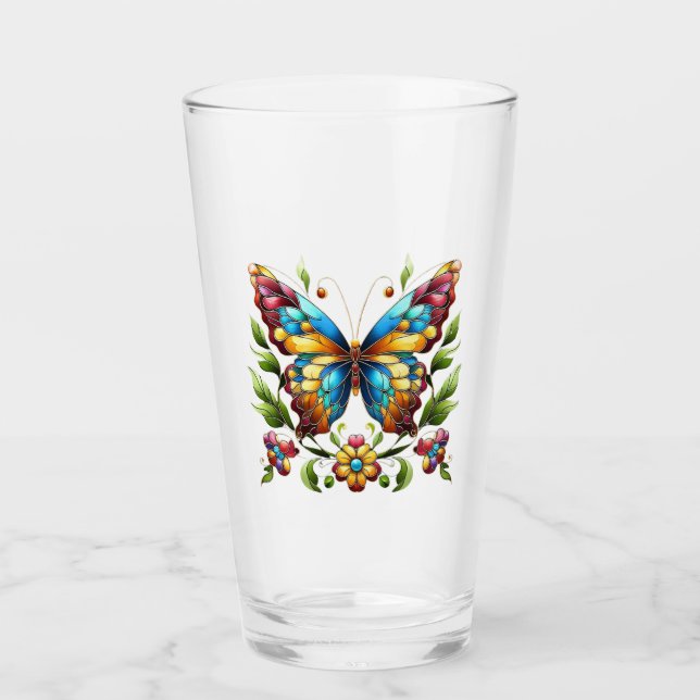 Colourful stained glass butterfly with flowers (Front)