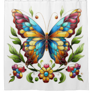 Colourful stained glass butterfly with flowers
