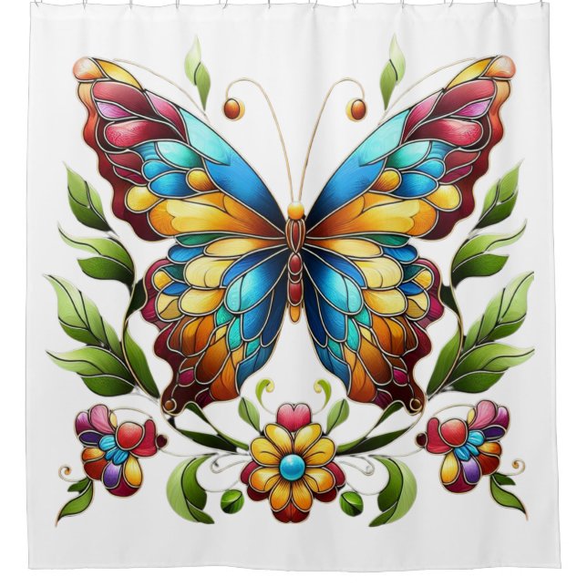 Colourful stained glass butterfly with flowers (Front)
