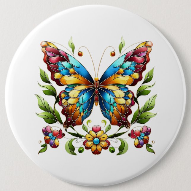 Colourful stained glass butterfly with flowers 6 inch round button (Front)