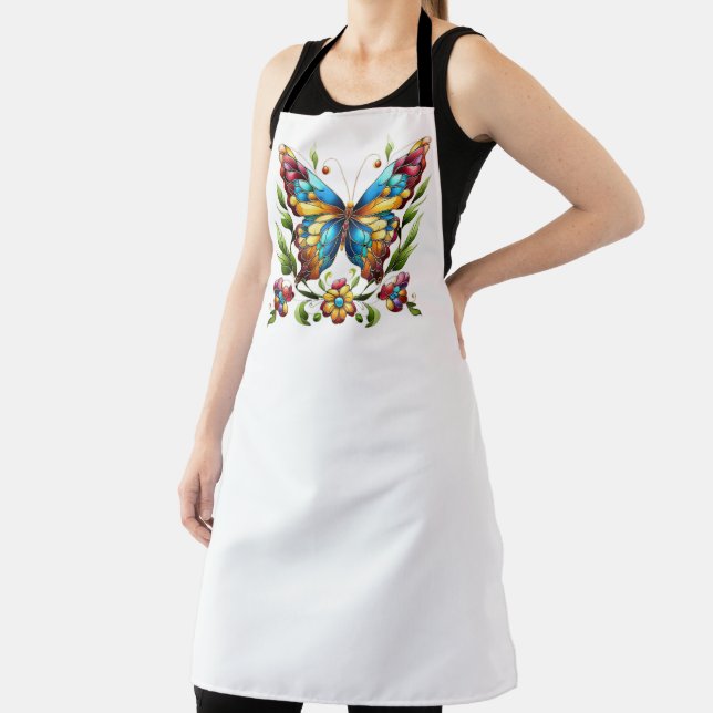 Colourful stained glass butterfly with flowers apron (Insitu)