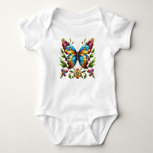 Colourful stained glass butterfly with flowers baby bodysuit