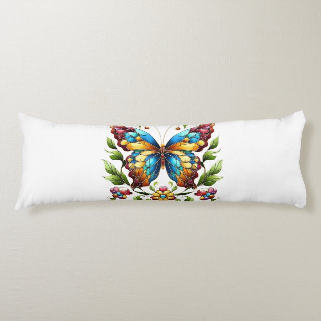 Colourful stained glass butterfly with flowers body pillow (Front)