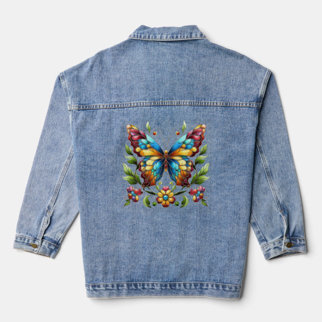 Colourful stained glass butterfly with flowers denim jacket (Back)