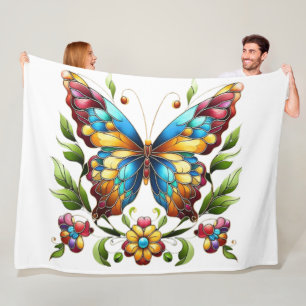 Colourful stained glass butterfly with flowers fleece blanket