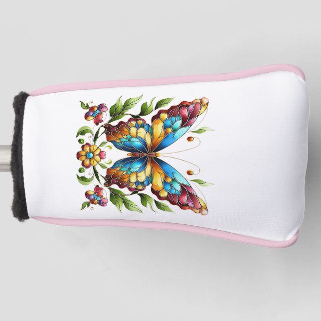 Colourful stained glass butterfly with flowers golf head cover (Front)