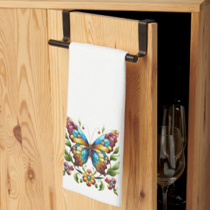 Colourful stained glass butterfly with flowers kitchen towel