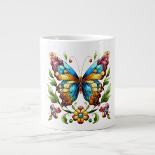 Colourful stained glass butterfly with flowers large coffee mug