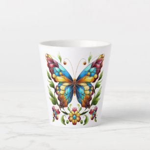 Colourful stained glass butterfly with flowers latte mug