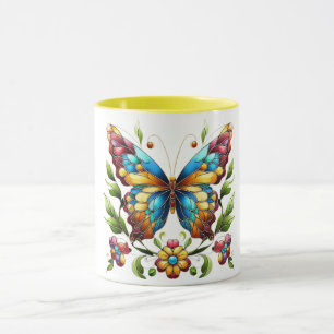 Colourful stained glass butterfly with flowers mug