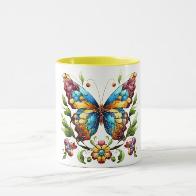 Colourful stained glass butterfly with flowers mug (Center)
