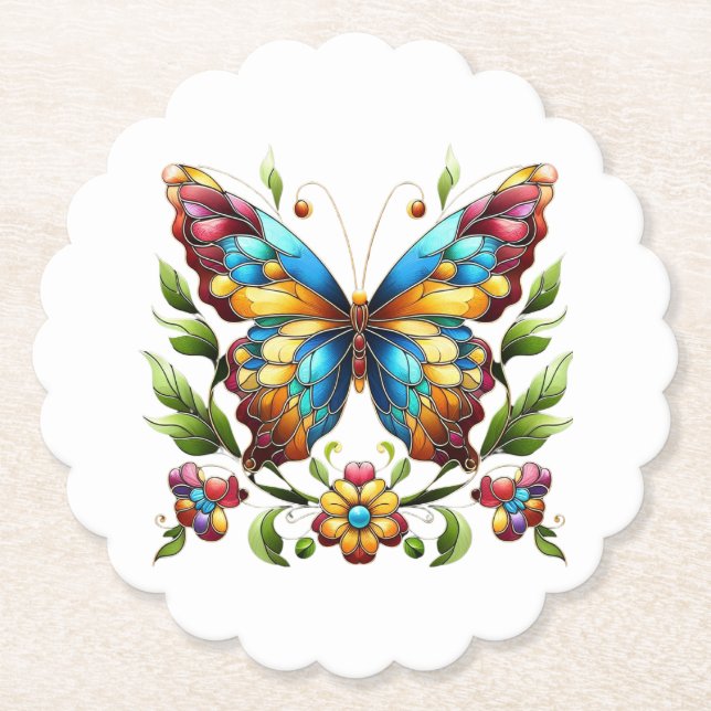 Colourful stained glass butterfly with flowers paper coaster (Front)