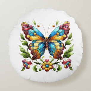 Colourful stained glass butterfly with flowers round pillow
