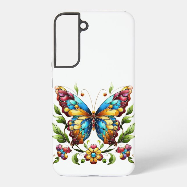 Colourful stained glass butterfly with flowers samsung galaxy s22+ case (Back)
