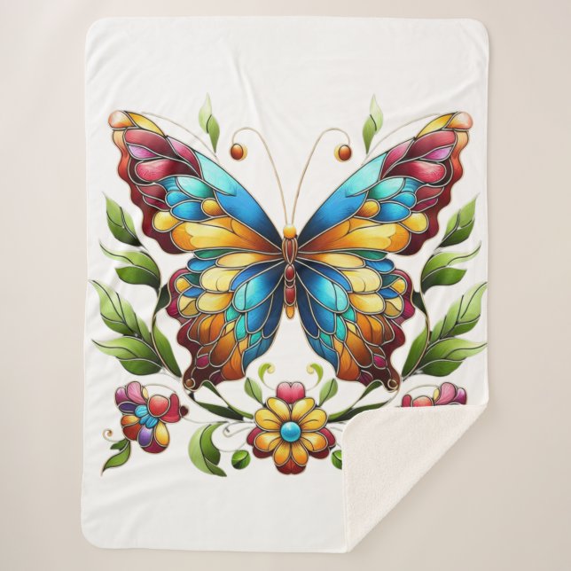 Colourful stained glass butterfly with flowers sherpa blanket (Front)