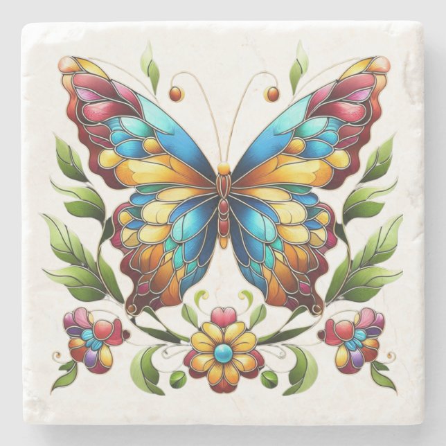 Colourful stained glass butterfly with flowers stone coaster (Front)