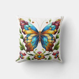 Colourful stained glass butterfly with flowers throw pillow