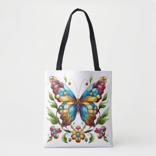 Colourful stained glass butterfly with flowers tote bag (Front)