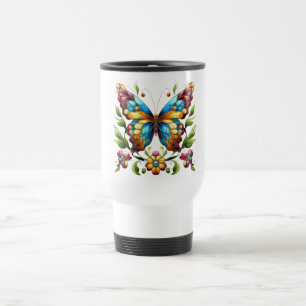 Colourful stained glass butterfly with flowers travel mug