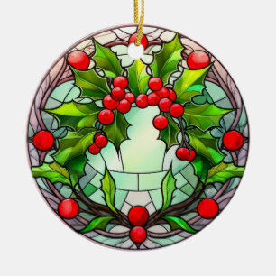 Colourful Stained Glass Christmas Holly Wreath Ceramic Ornament
