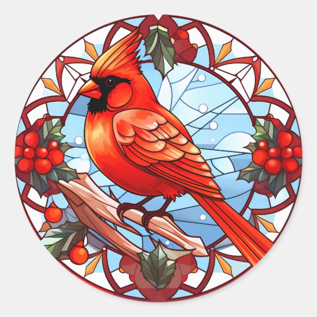 Colourful Stained Glass Christmas Northern Cardina Classic Round Sticker (Front)