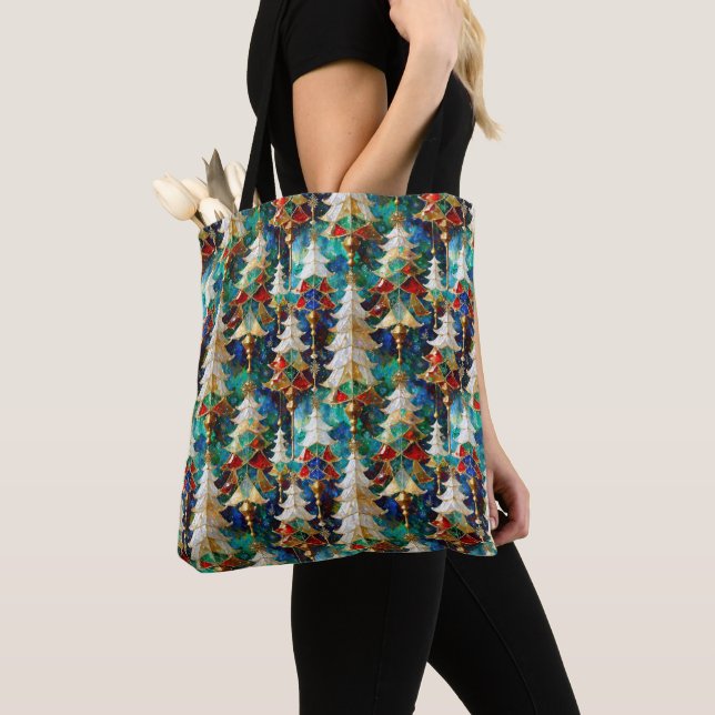 Colourful Stained Glass Christmas Trees Tote Bag (Close Up)