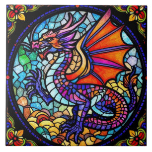 Colourful Stained Glass Dragon Mosaic Tile